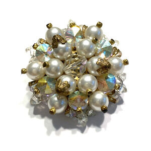 Vintage Mid Century Brooch Pendant Round Dimensional Gold Faux Pearl & Crystals